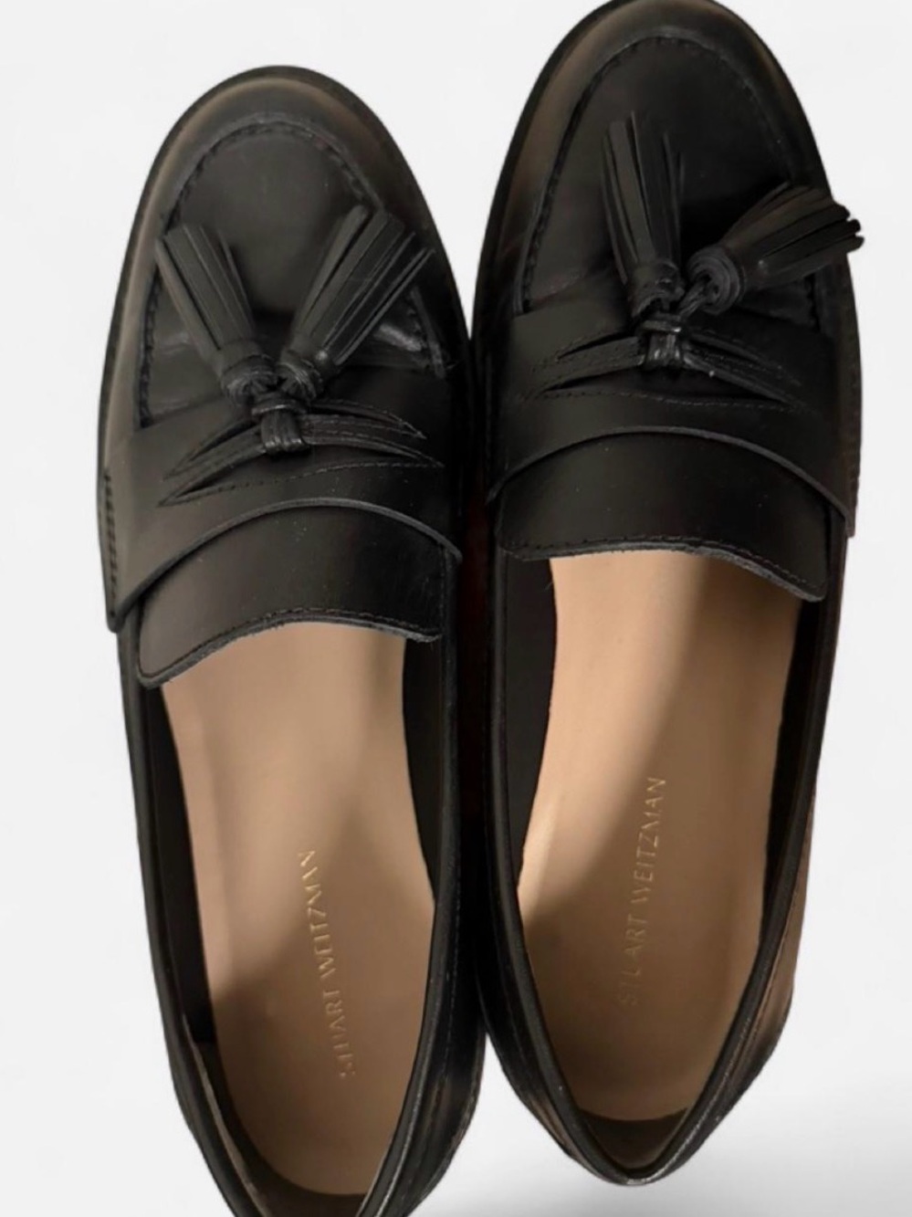 Stuart Weitzman Black Leather Tassel Penny Loafers
